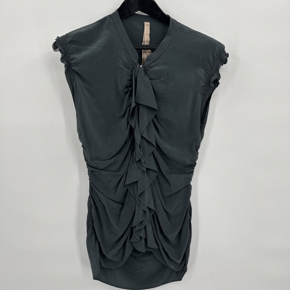 Bailey‎ 44 Raunched 100% Silk Top Women's Size 8 Steal Blue Stretch Ruffled USA